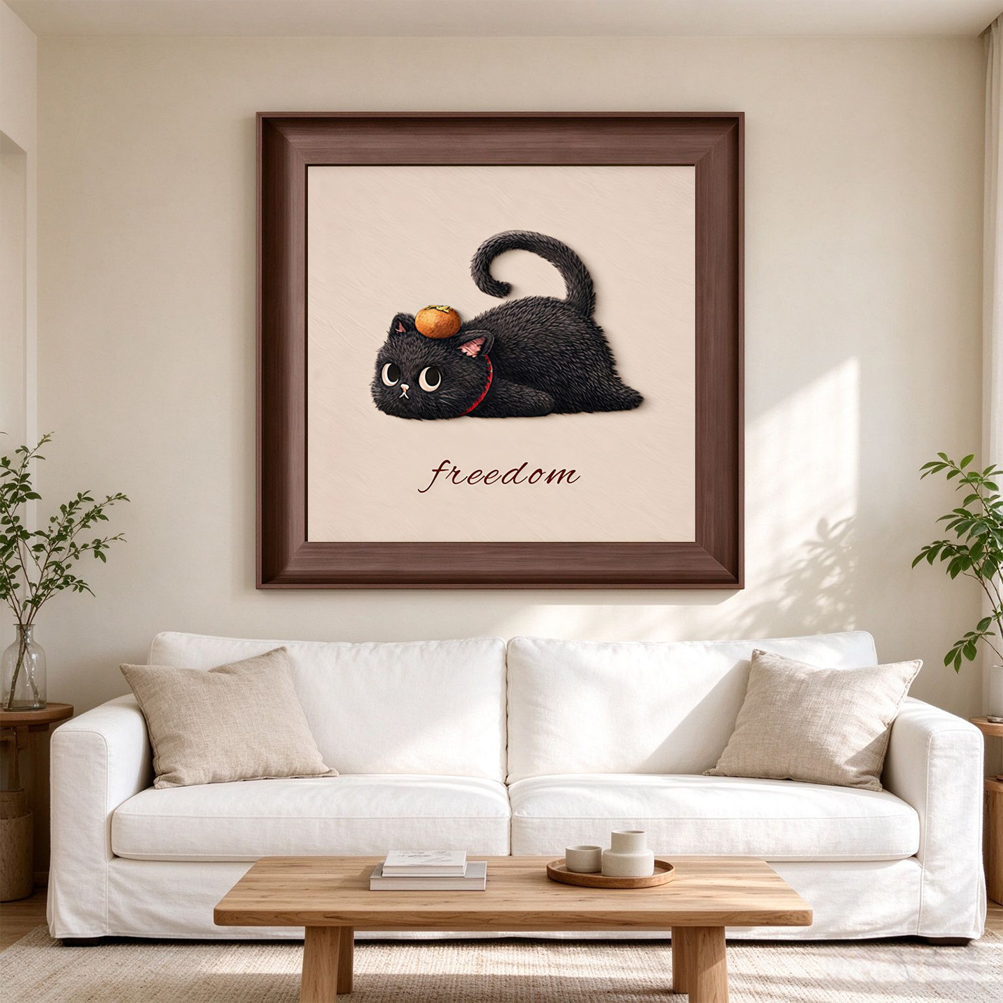 治愈可爱黑猫创意挂画卡通小猫头顶柿子艺术画沙发背景墙装饰画