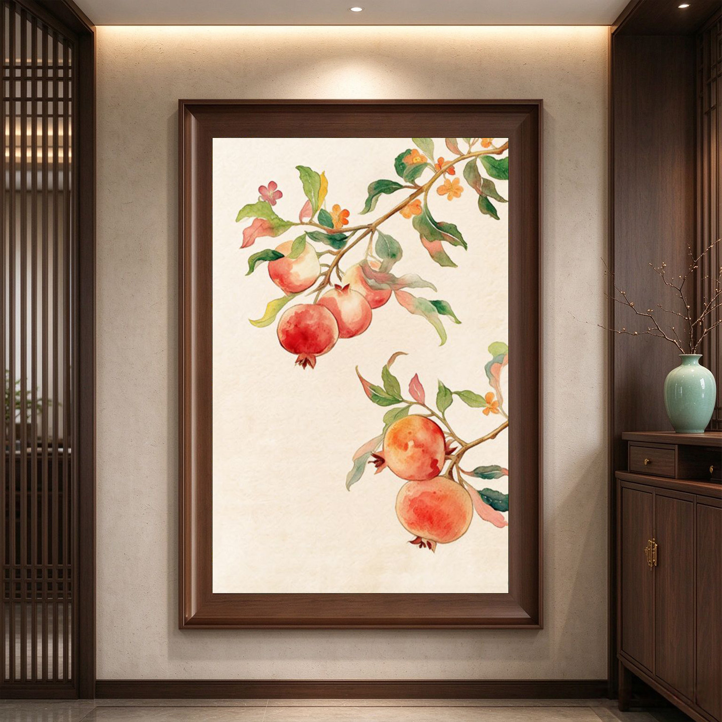 新中式水彩石榴挂画多子多福餐厅玄关茶室吉祥墙面装饰画墙壁装饰