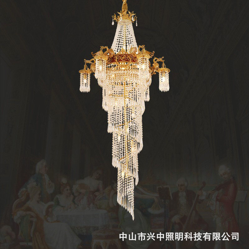 欧式全铜复式楼别墅水晶大吊灯法式轻奢中空楼中楼灯楼梯间长吊灯