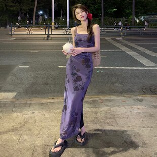 凡尔赛玫瑰碎花吊带连衣裙女夏露背海边度假沙滩后妈包臀长裙礼服