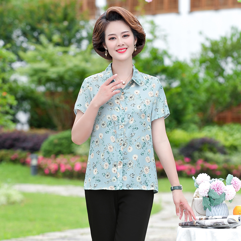 妈妈夏装真丝短袖衬衫40岁50t恤中老年女夏季宽松大码衬衣上衣服