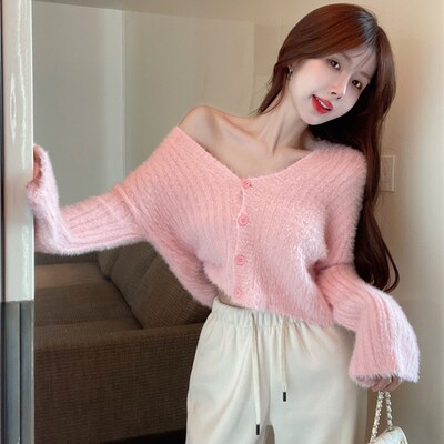 V领短款针织开衫女春秋打底白色马海毛毛衣外套水貂绒小个子上衣