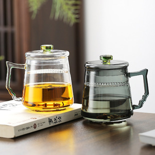 高硼硅透明玻璃单层带月牙彩色把手喝茶杯子家用大容量茶水分离杯