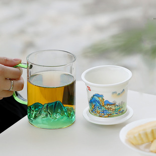 千里江山玻璃办公杯家用个人水杯茶水分离办公杯大容量过滤杯