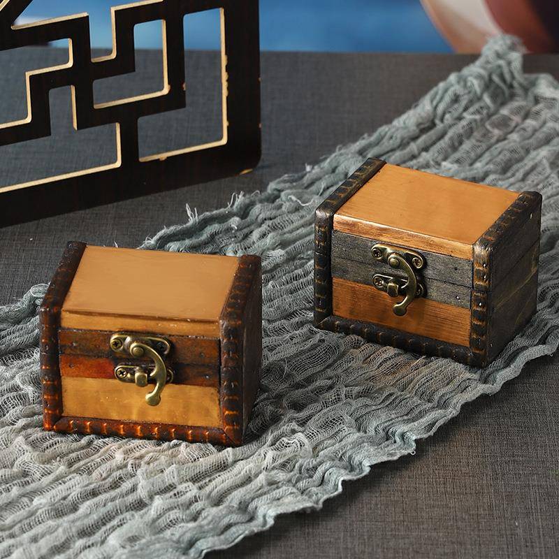 复古木制小方盒仿古木盒桌面珠宝首饰收纳盒做旧仿铜小木盒首饰盒