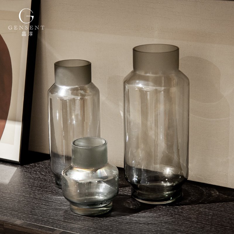 晶淳灰色诧寂风花瓶插花富贵竹玻璃民宿酒店软装饰品摆件手工玻璃