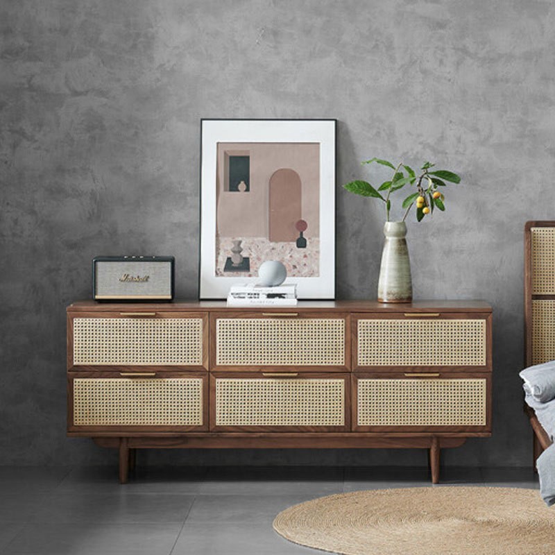 北欧黑胡桃木复古全实木藤编六斗柜客厅餐厅边柜卧室储物柜收纳柜