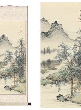 陈少梅高士图青绿山水画高清微喷复制卷轴画装饰画客厅办公室挂画