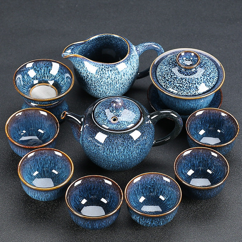 豹霖窑变茶具套装茶壶盖碗木叶蓝盏整套功夫陶瓷茶杯品茗杯子