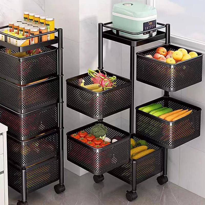 厨房置物架落地可旋转架蔬菜水果收纳架家用多层带轮子果篮置物架