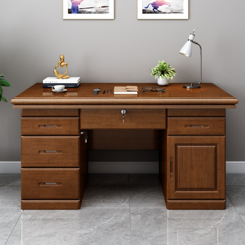 中式原木实木办公桌台式电脑桌家用一体书桌带抽屉单人职员办公室