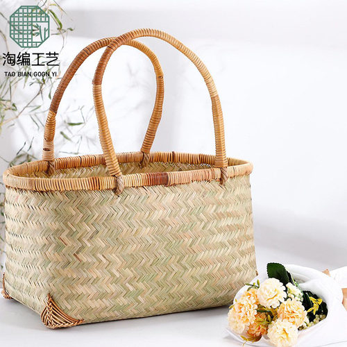 竹编买菜环保购物篮手提篮手工编织采摘篮外出竹提篮竹制品收纳篮