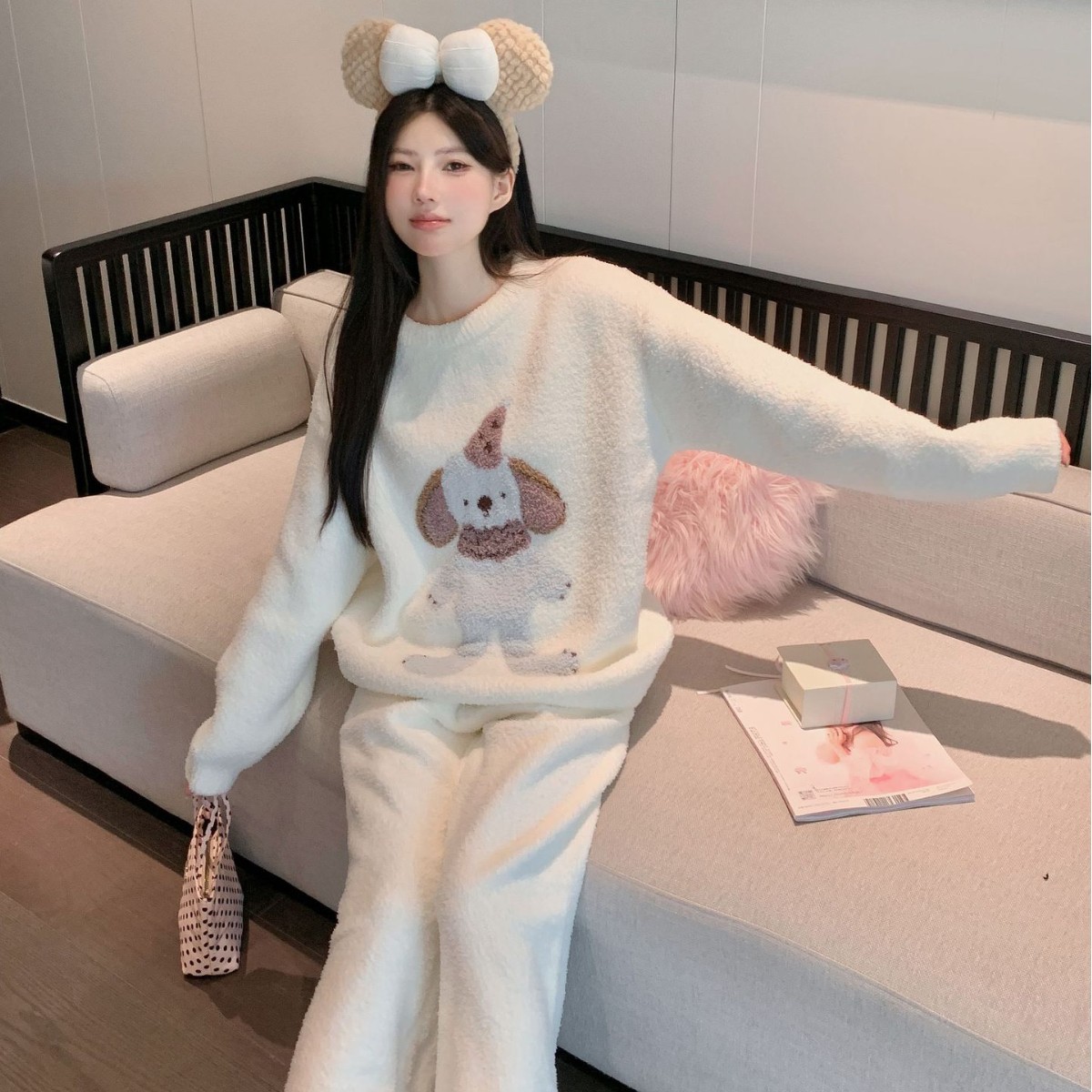 日本品质软绵绵睡衣女秋冬加厚保暖针织ins卡通小熊减龄可外穿家
