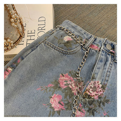 Sreetwear Vintage Flowers Print Long Denim Skirts Summer 202