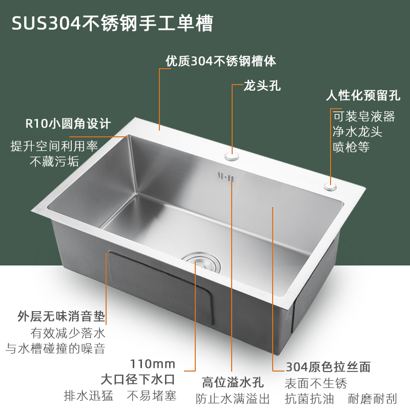 304不锈钢手工纳米水槽3.0加厚有容拉丝枪黑大单水槽家用厨房洗菜