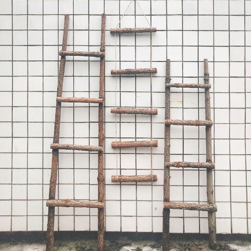 妙普乐2023新款带皮实木梯子装饰品木质直梯绳梯做旧木梯摆件软梯