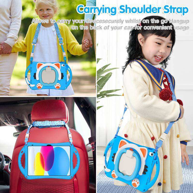 卡通猫儿童手提平板硅胶套旋转支架壳适用于iPad 10th 2022