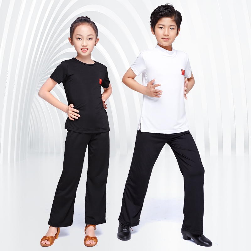 儿童拉丁舞练功服套装夏季黑色跳舞衣服男童国旗女童分体训练服装