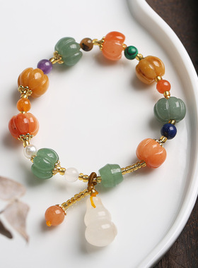 Natural Gold Thread Jade Pumpkin Beads Handstring Womens B