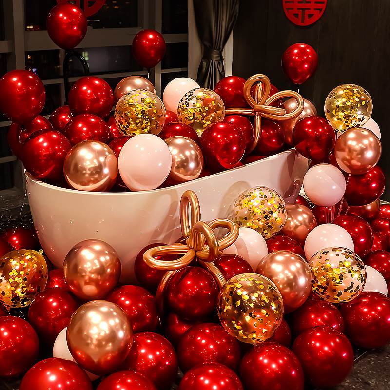 石榴红双层气球装饰场景布置红色卧室浪漫汽球婚房订婚礼婚庆用品