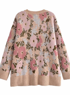 2022 Floral Jacquard Oversize Knit Sweater Women Long Sleeve