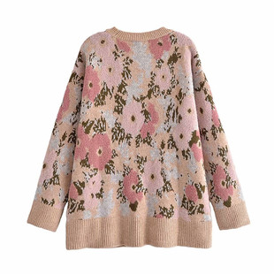Oversize Knit Sweater 2022 Long Jacquard Women Sleeve Floral