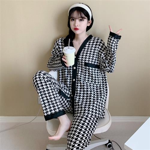 快手直播千鸟格睡衣女春秋开衫短袖短裤宽松大尺码开衫家居服套装