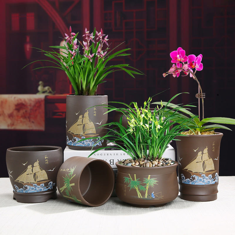 菖蒲文竹紫砂花盆陶瓷兰花蝴蝶兰吊兰复古特价清仓创意家用多肉盆