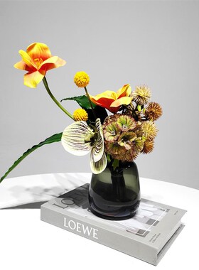 现代轻奢玻璃花器摆件酒店样板间茶几洽谈桌仿真花黄色假花装饰品