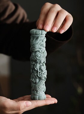 水泥中式盘龙柱石柱摆件桌面国潮风石雕鱼缸造景客厅书房装饰品