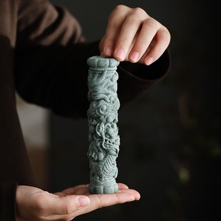 水泥中式盘龙柱石柱摆件桌面国潮风石雕鱼缸造景客厅书房装饰品