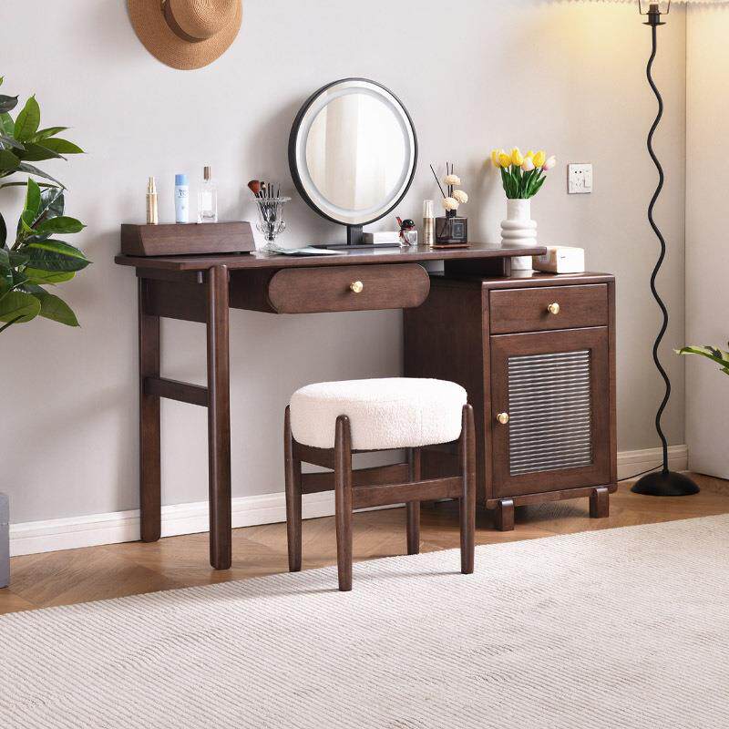 北欧实木梳妆台现代简约小户型卧室轻奢带镜凳子化妆桌收纳柜一体