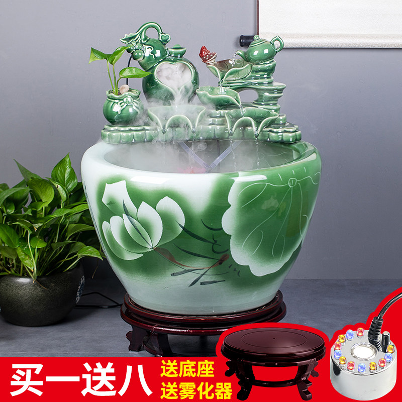 景德镇陶瓷鱼缸大缸鱼缸流水喷泉金鱼缸加湿造景荷花缸乌龟睡莲缸