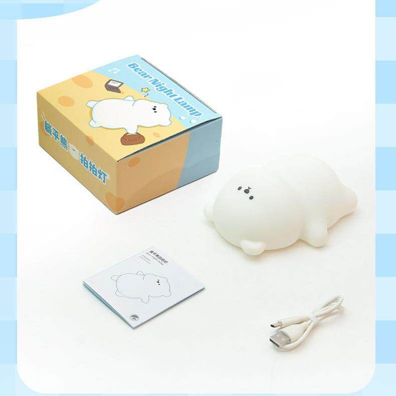 卡通躺平熊拍拍小夜灯LED可定时三档调光七彩硅胶台灯送儿童女生