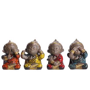 中式陶瓷工艺品创意摆件可爱四不猴家居禅意茶空间装饰品生肖猴