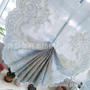 窗帘提拉竹节布窗纱锦绣蓝色飘窗提拉升降气球帘绣花窗帘