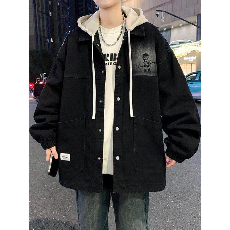 青少年春秋季牛仔外套男初高中学生大童男生连帽宽松潮牌夹克褂子