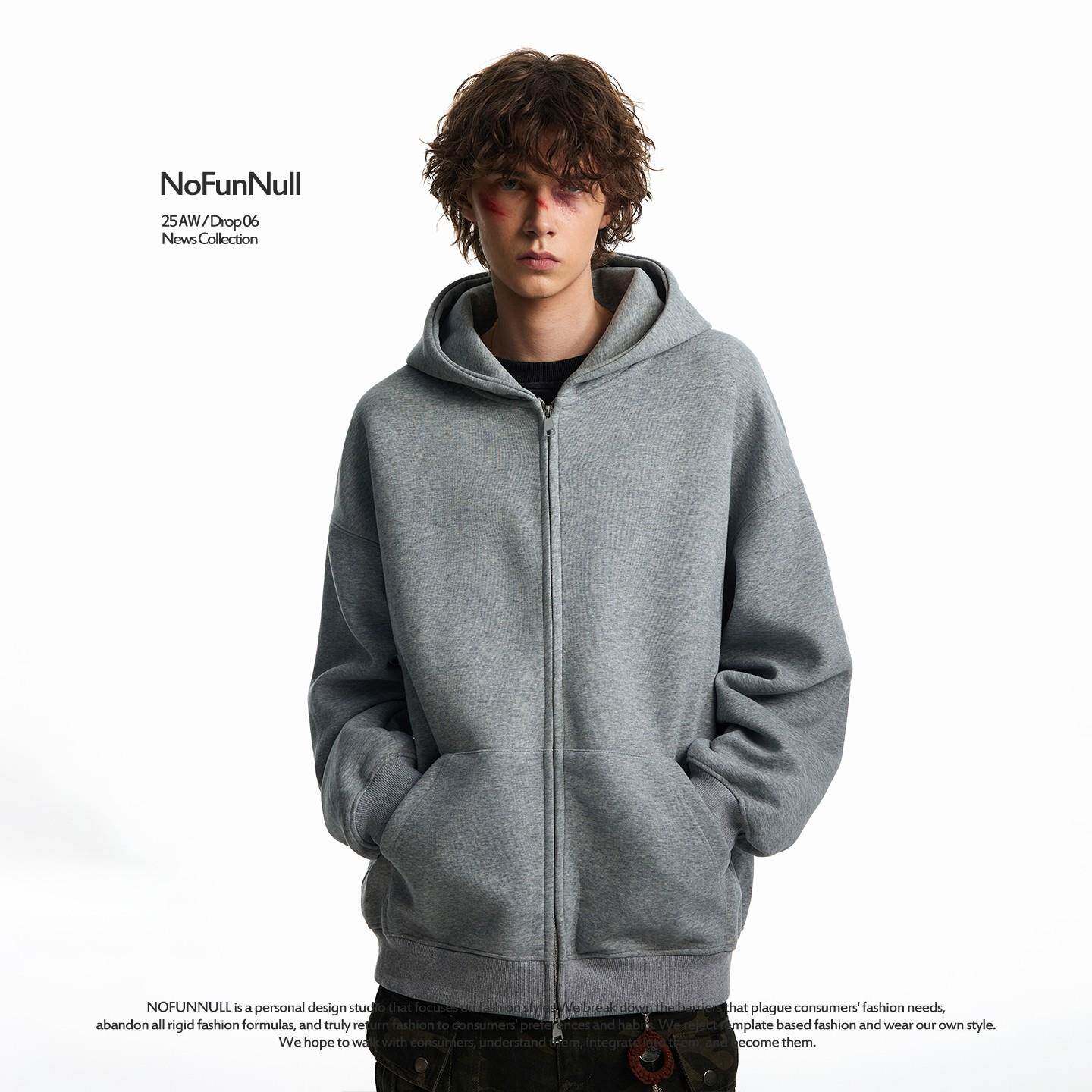 NOFUNNULL 400g重磅美式基础款连帽双拉链卫衣男女秋宽松硬挺外套