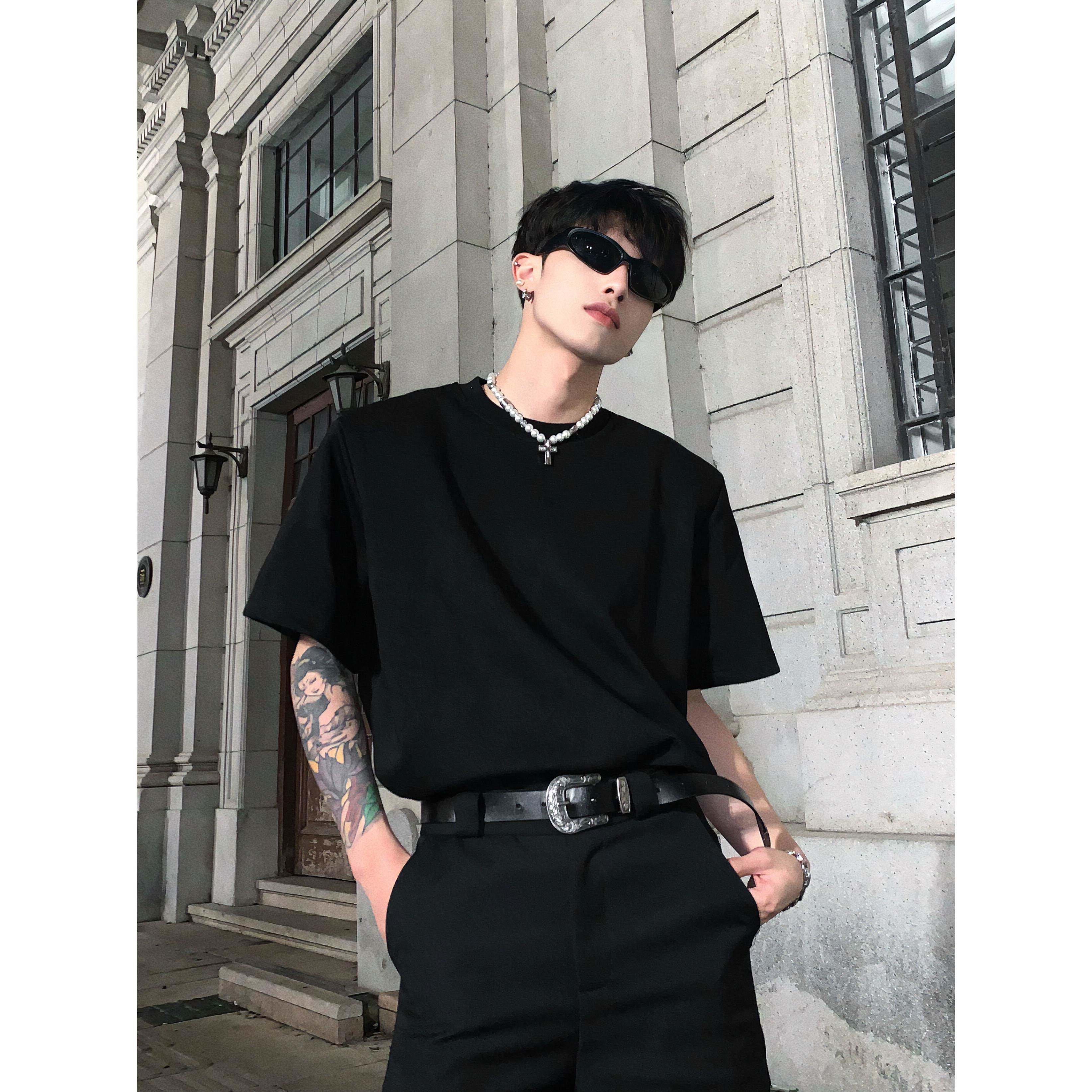 黑沧社/韩国黑色重磅垫肩短袖男夏季百搭打底衫纯色t恤高级感内搭