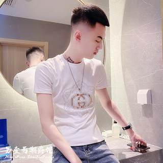 短袖t恤男士修身纯棉体恤2025新款精神小伙潮牌ins烫钻半截袖衣服