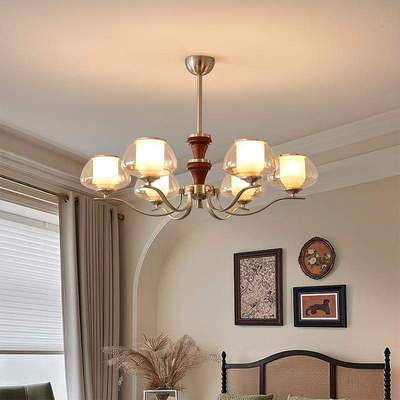 客厅吊灯中古简约设计师大厅护眼主灯大气家用木纹餐厅灯中山灯具