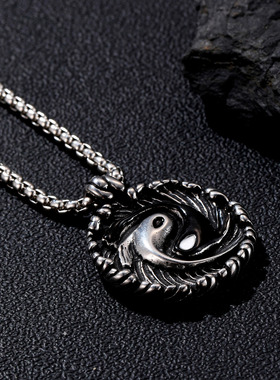 复古中式太极双鱼男生银色项链长款情侣毛衣链几何形道字吊坠小众