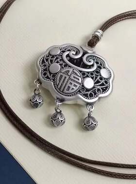 精工长命锁宝宝镂空腊绳项链吊坠大人女款成人毛衣链银锁吊坠