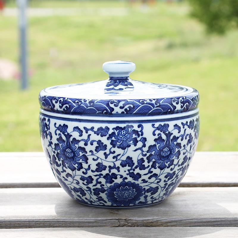 仿古青花瓷储物罐茶叶猪油缸有盖青花缠枝莲缸面粉酿米酒糟无