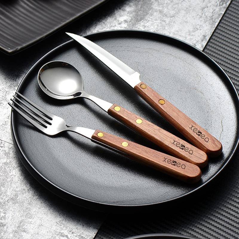 实木手柄刀叉圆勺子304不锈钢牛排刀叉勺三件套装西餐厅ins风餐具