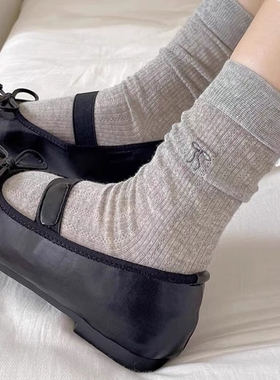 灰色袜子女中筒袜夏季薄款纯棉透气芭蕾长袜白色堆堆蝴蝶结