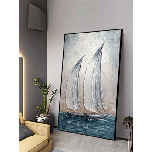 手绘立体油画帆船客厅装饰画现代简约抽象玄关沙发背景墙风景挂画图片