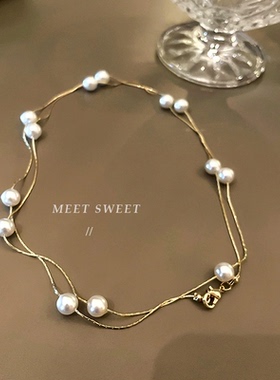 新款双层叠戴珍珠项链女个性风小众设计感法式高级百搭锁骨链颈链