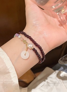 新中式石榴石串珠双层手链女夏天小众百搭辣妹手串古风新款手饰品