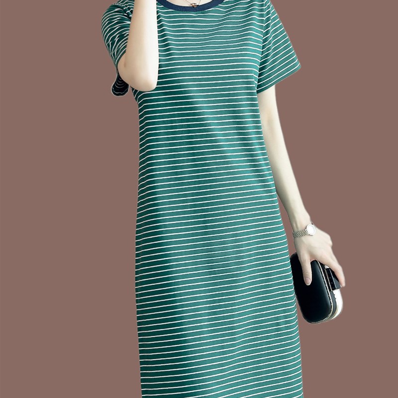 短袖t恤女中长款条纹连衣裙2024年夏装新款妈妈宽松长款过膝裙子